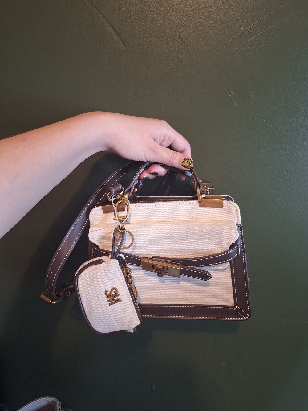 Steve Madden Beige Canvas Mini Crossbody with Brown Trim - Picture 3 of 7